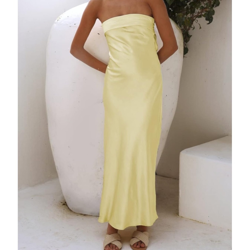 NEW Beautiful satin silk light yellow backless tube top maxi dress XS